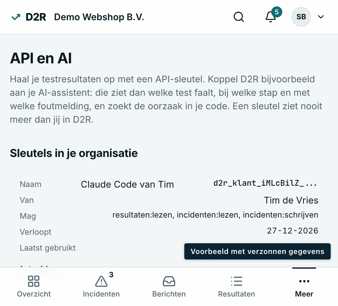 Voorbeeld van D2R: de pagina API en AI met een sleutel en wat die mag, om D2R te koppelen aan een AI-assistent.
