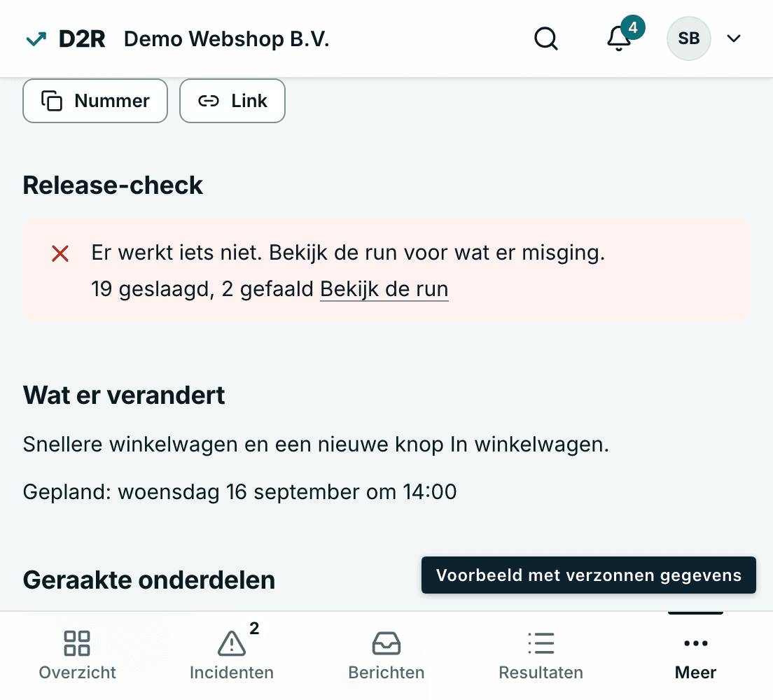 Voorbeeld van D2R: de release-check van versie 2.3.0. Er werkt iets niet, 19 tests geslaagd en 2 gefaald.