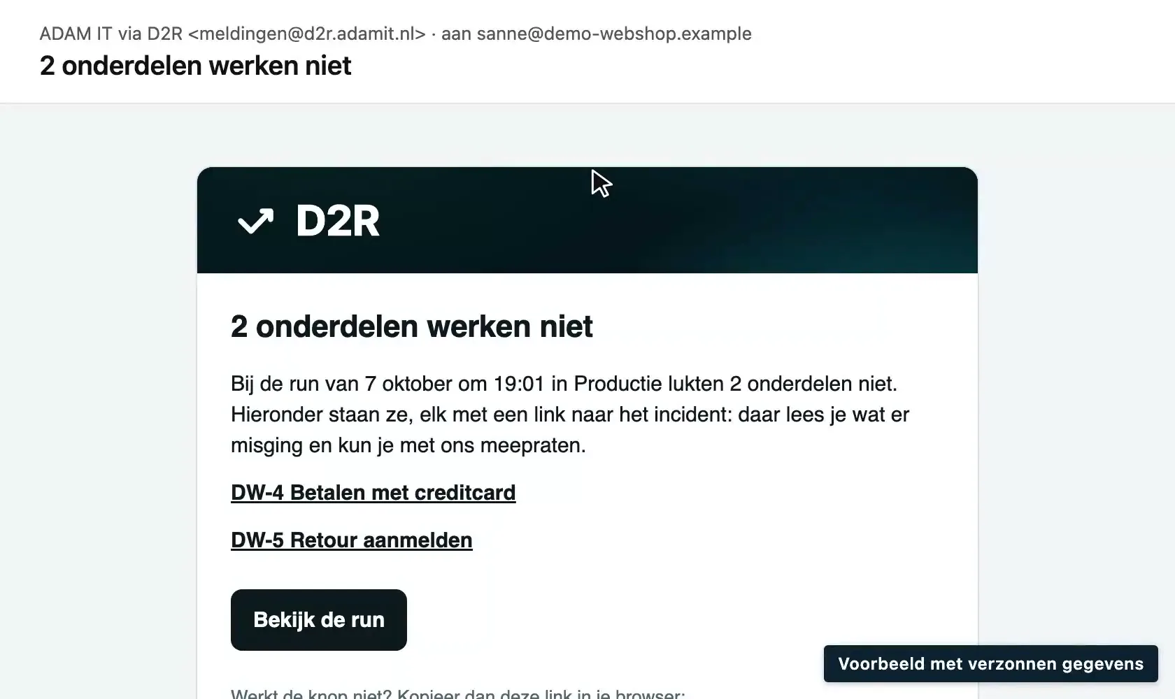 Voorbeeld van D2R: vanuit de mail over twee kapotte onderdelen naar het incident, naar de stap waar het misging, en de opname van de test die tot de fout speelt.