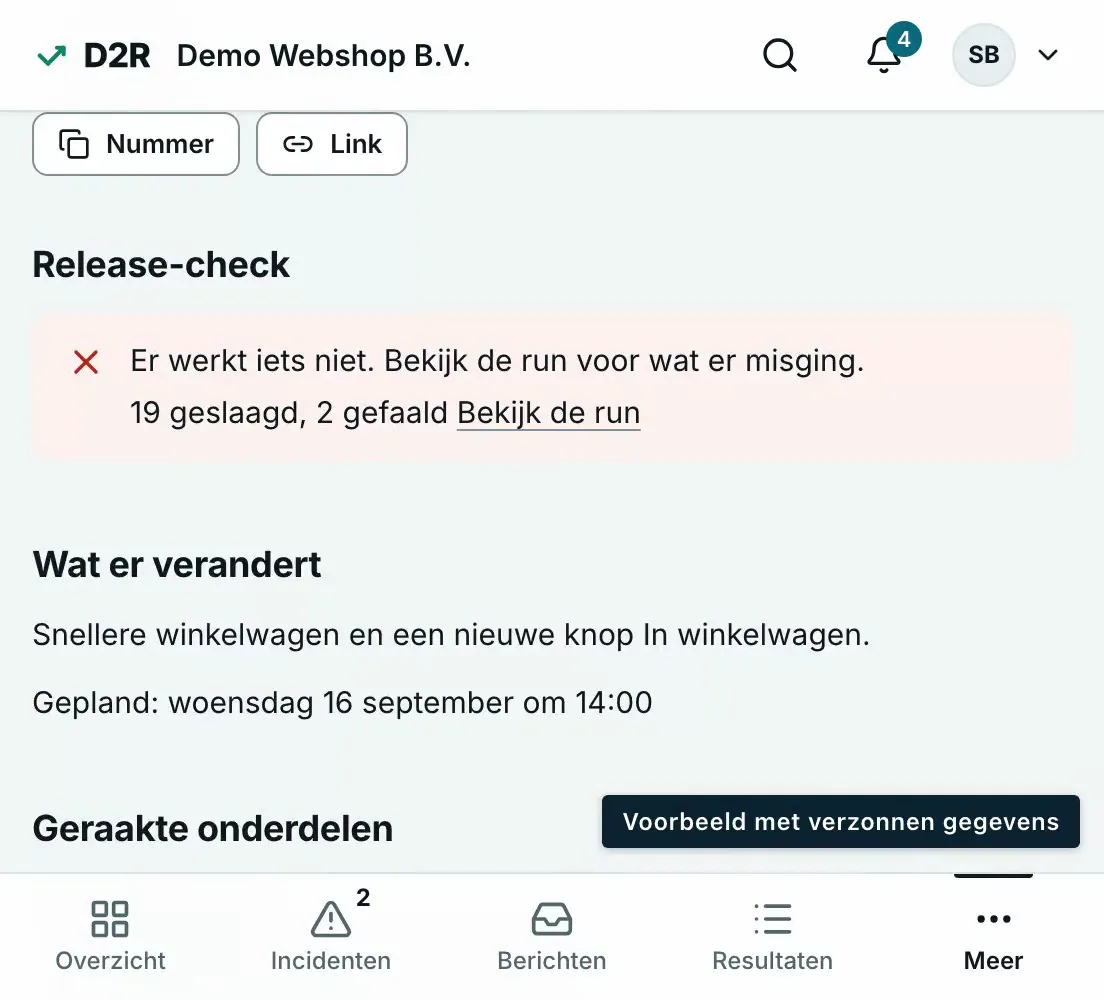 Voorbeeld van D2R: een release aankondigen met wat er verandert en welke onderdelen het raakt, en de release-check die versie 2.3.0 tegenhield.