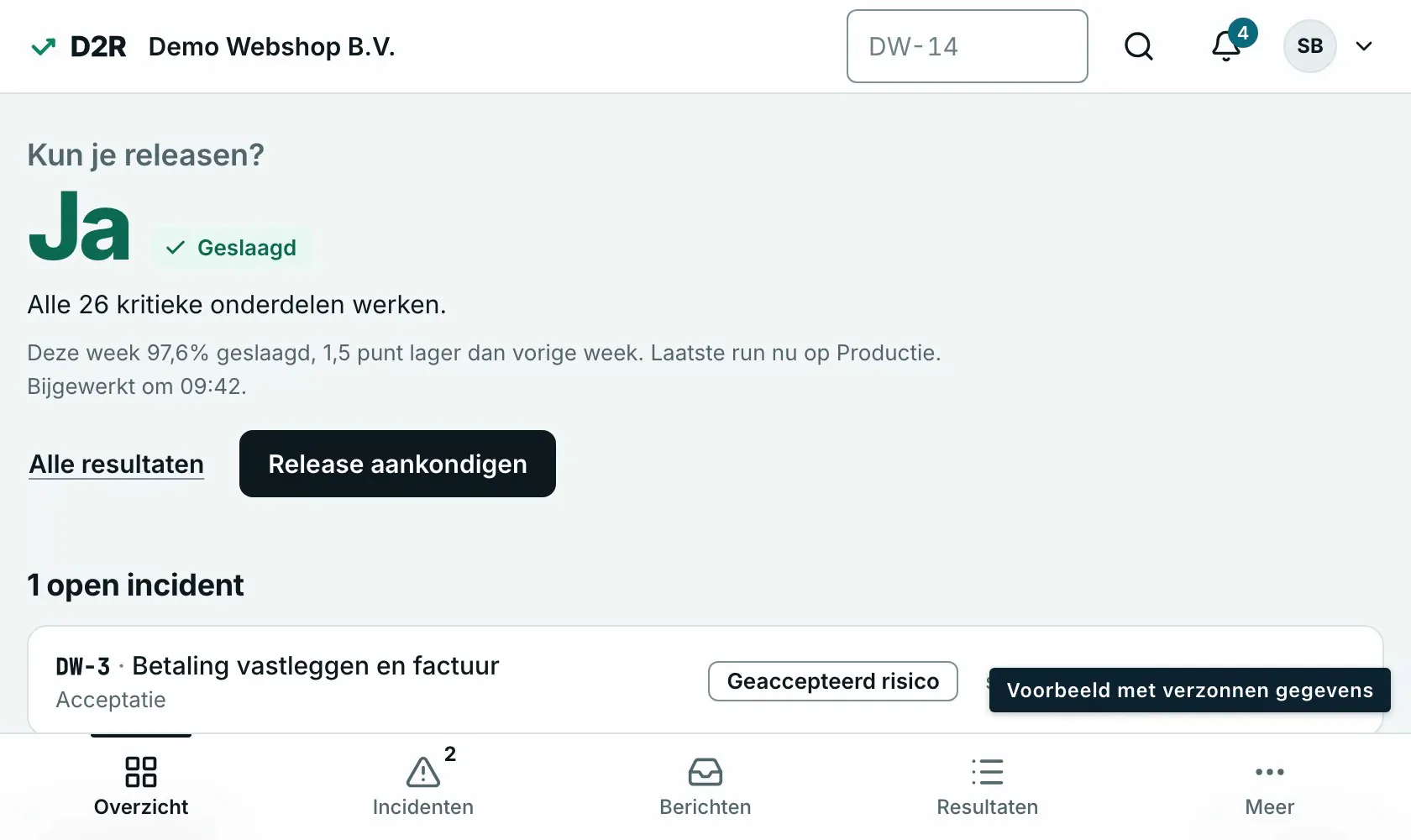 Voorbeeld van D2R: in het gesprek op het incident meldt de klant de fix met het vinkje Dit is opgelost, het overzicht zegt Hertest gepland, en na de volgende run werkt alles weer.